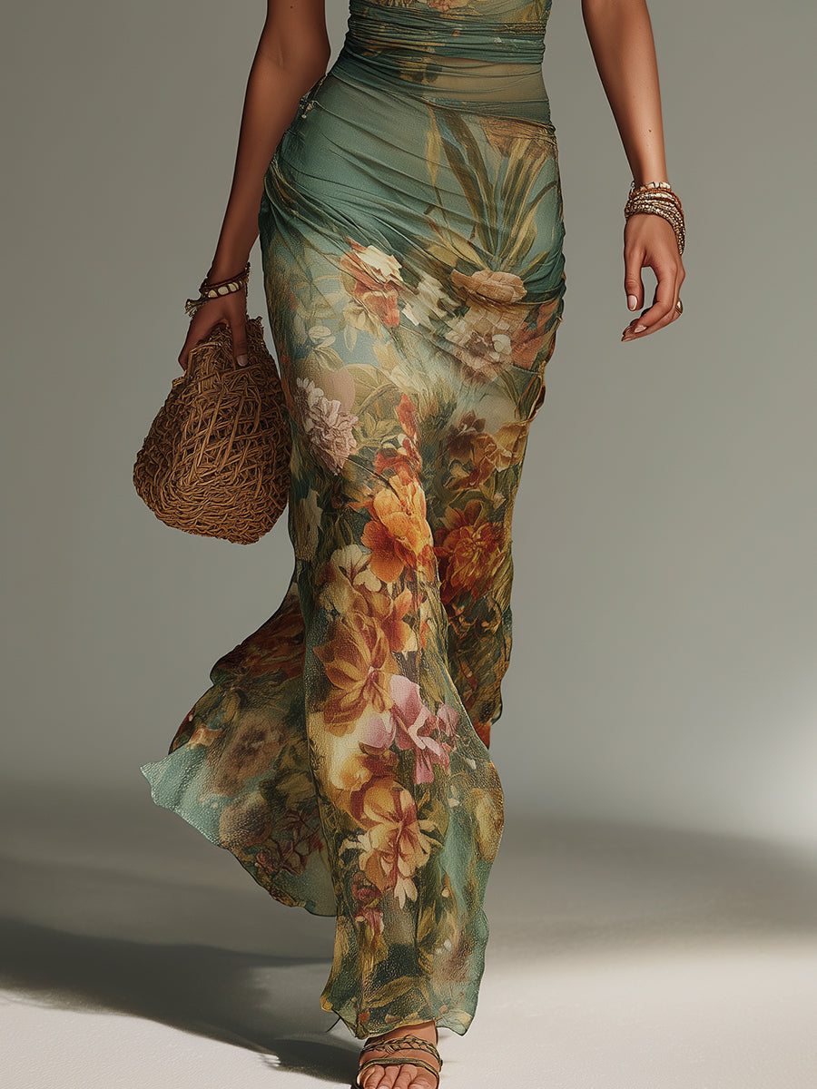 Vestido Maxi Malla Floral Pintura Encanto Riviera