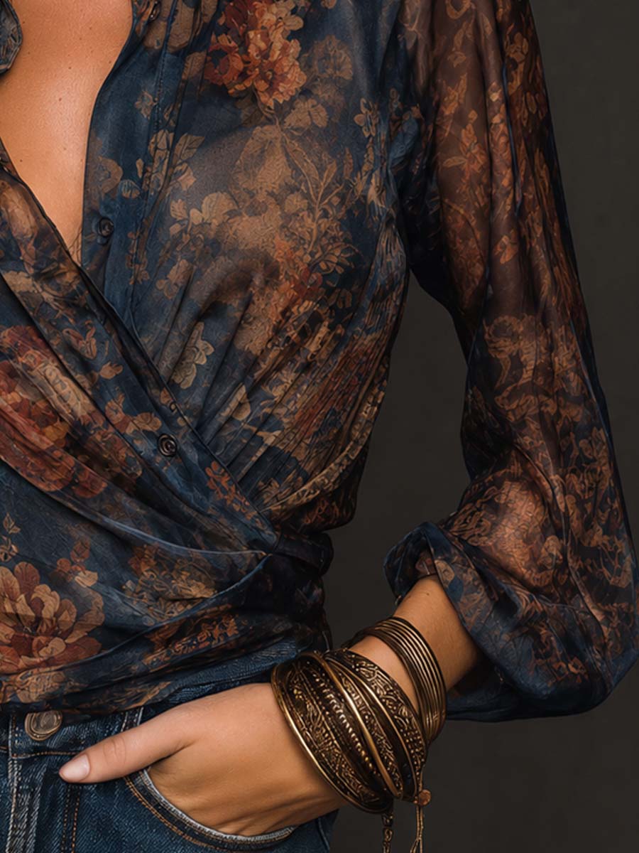 Blusa Floral Cruzada Cuello Romántica