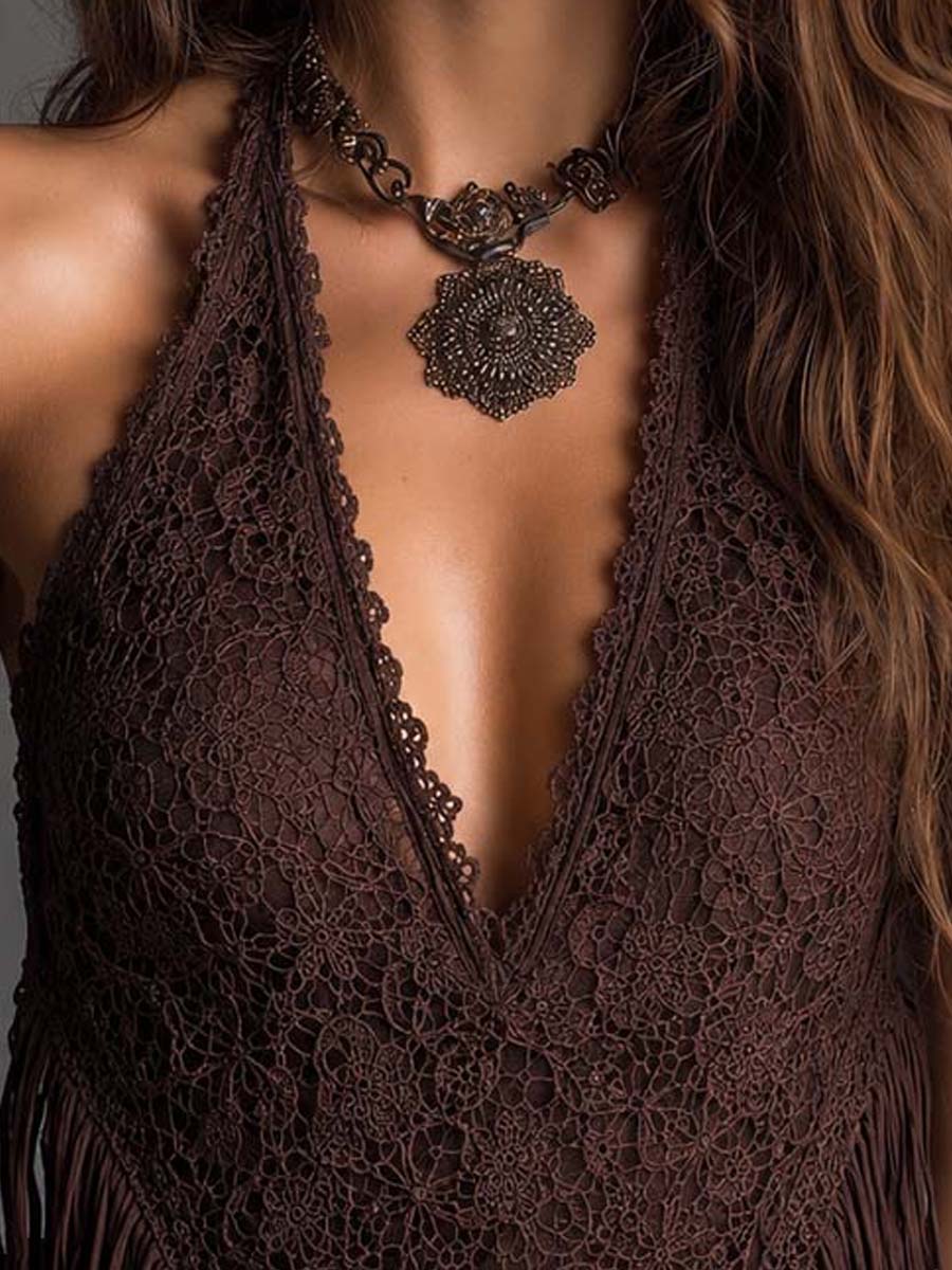 Top Halter Encaje Flecos Boho