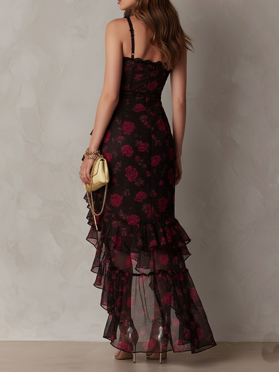 Vestido Floral Negro Rojo Volantes Brisa Romántica
