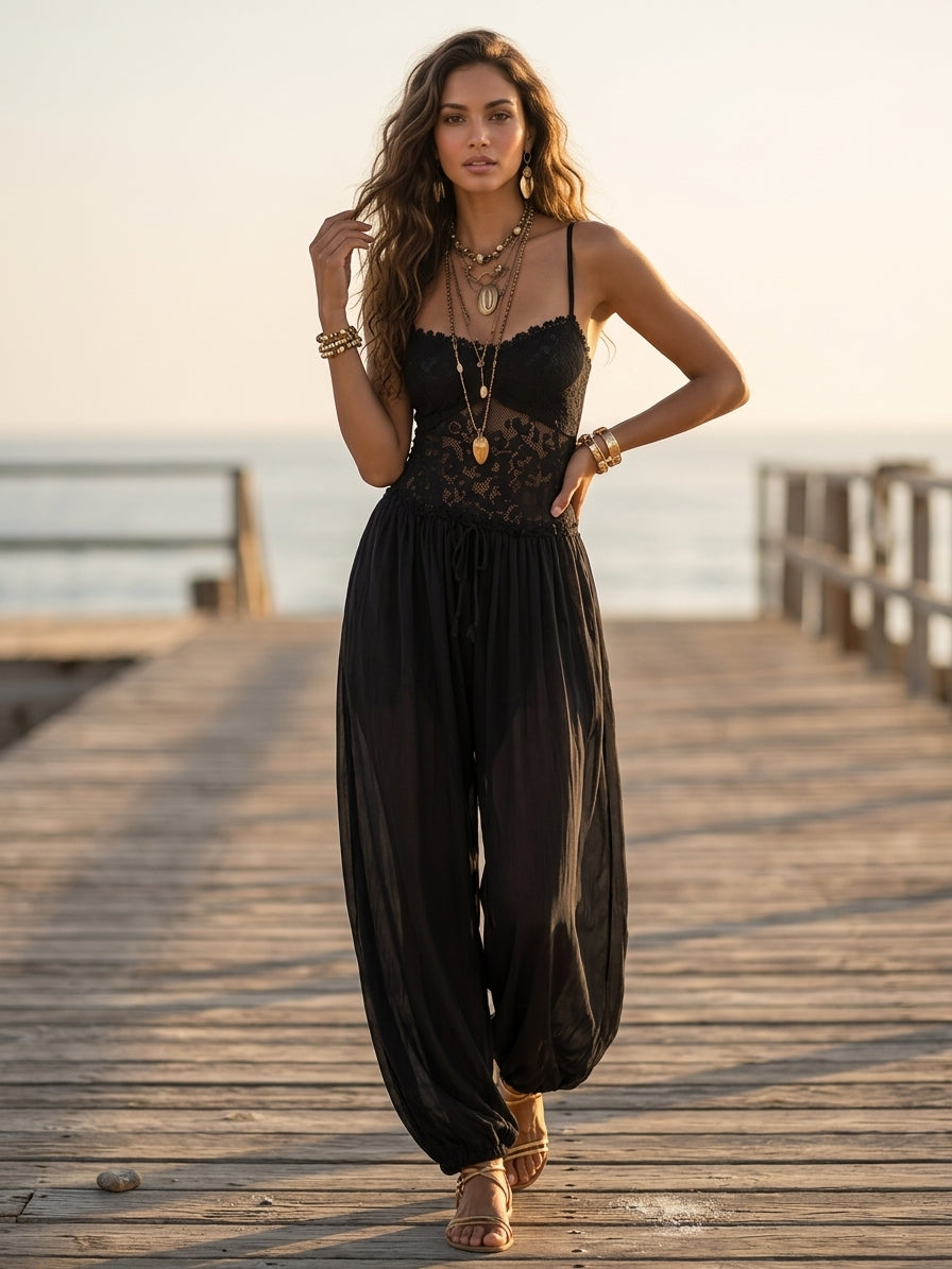 Mono Harem Encaje Chifón Negro Brisa Romántica