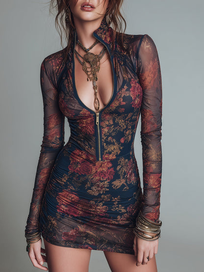 Vestido Mini Malla Floral Cremallera Encanto Riviera