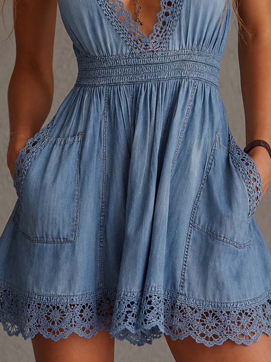Vestido Mini Vaquero Halter Encaje Vintage