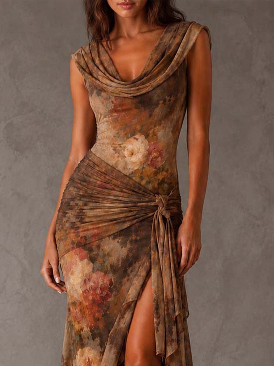 Vestido Midi Malla Floral Cuello Drapeado Riviera