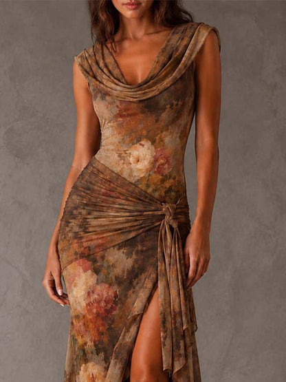Vestido Midi Malla Floral Cuello Drapeado Riviera