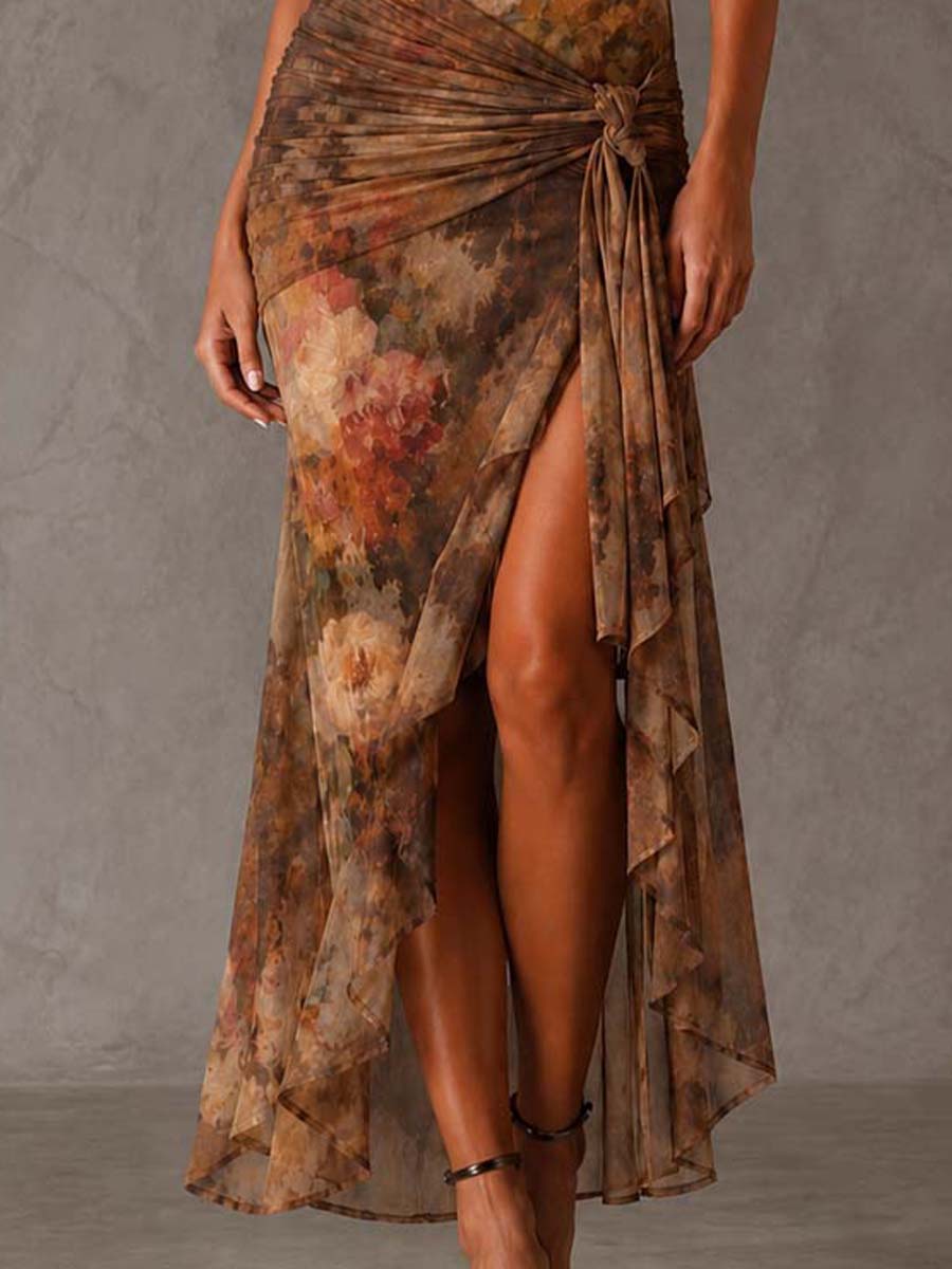 Vestido Midi Malla Floral Cuello Drapeado Riviera