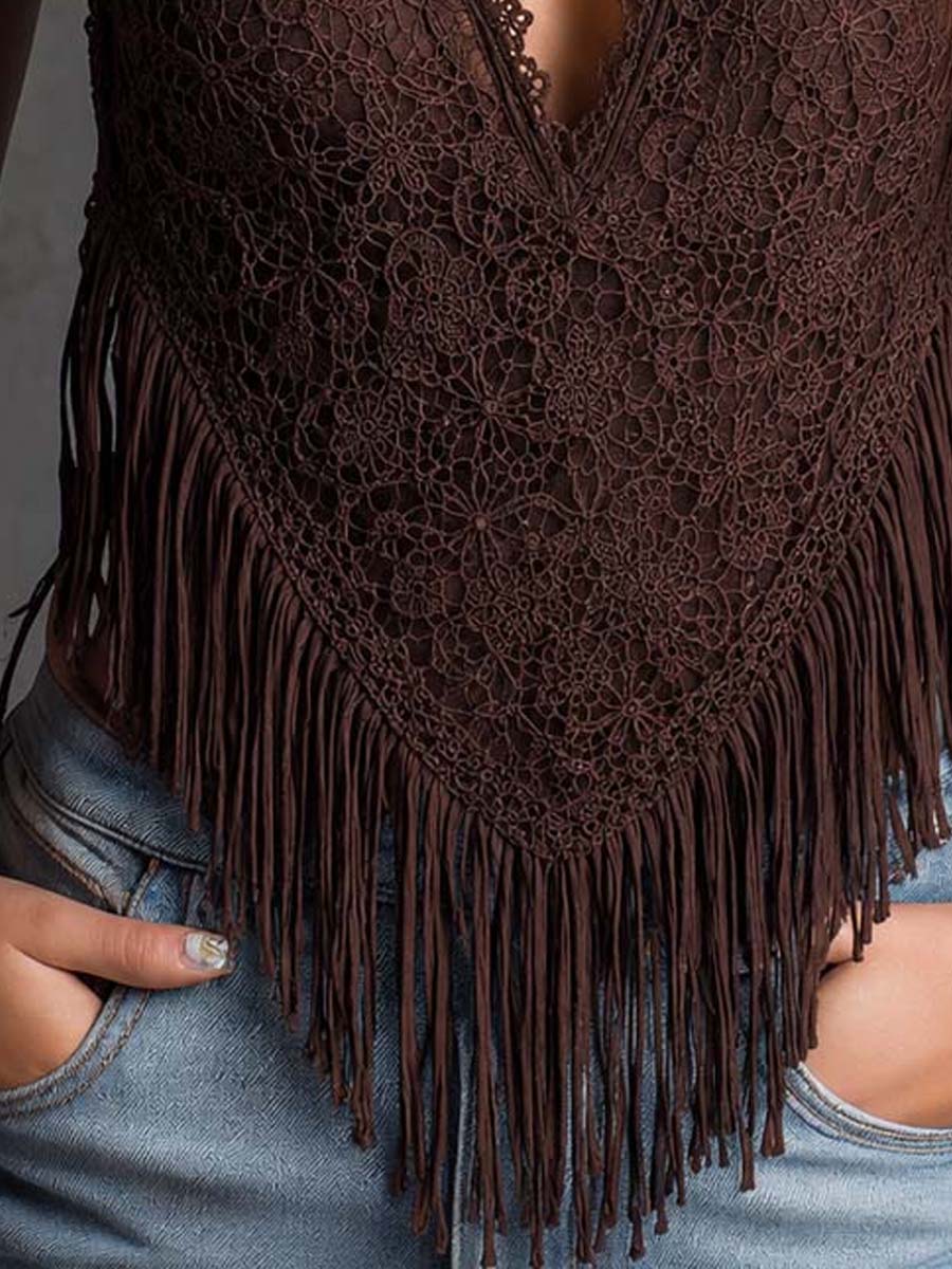 Top Halter Encaje Flecos Boho