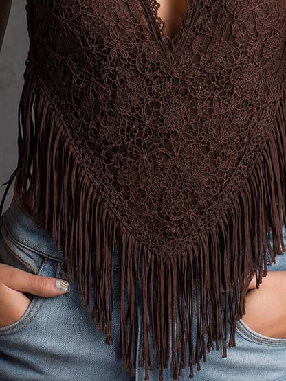 Top Halter Encaje Flecos Boho