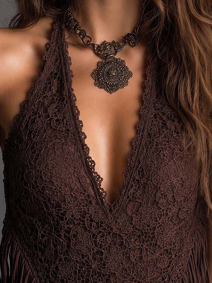 Top Halter Encaje Flecos Boho