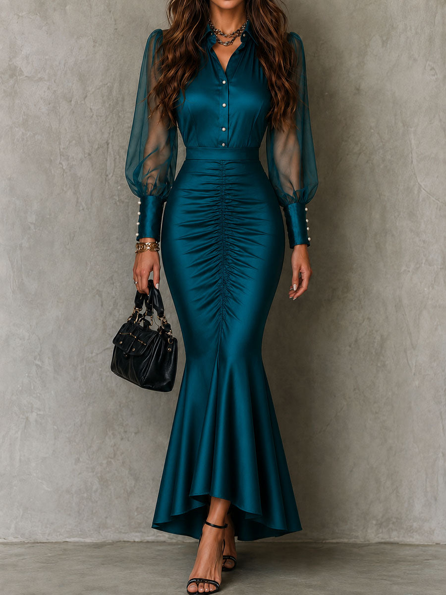 Vestido Maxi Sirena Satén Azul Petróleo