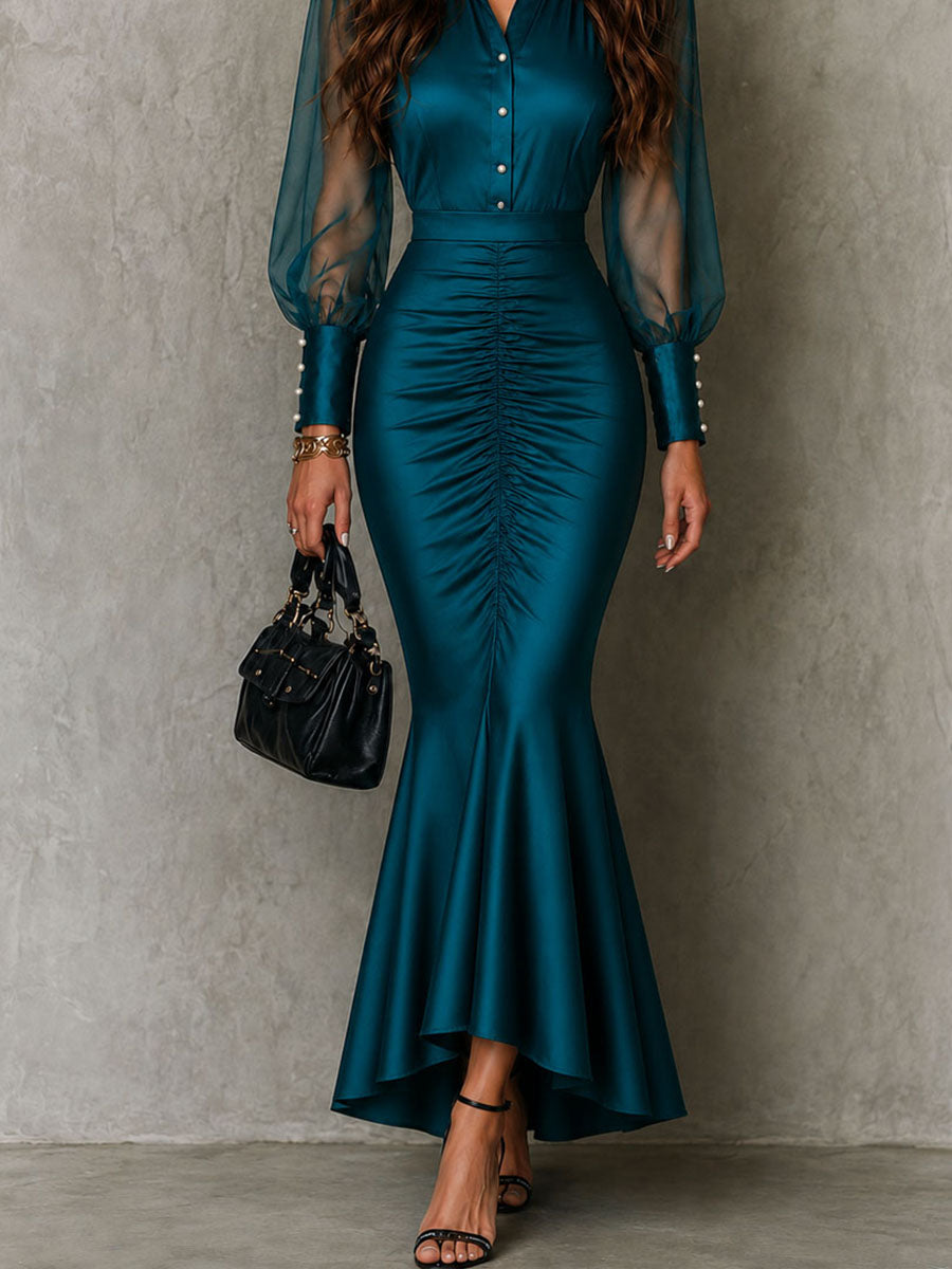 Vestido Maxi Sirena Satén Azul Petróleo