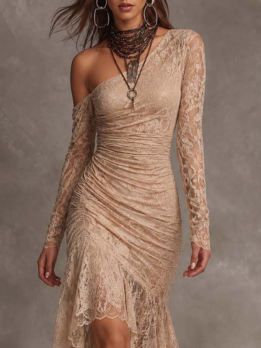 Vestido Midi Encaje Un Hombro Romántica