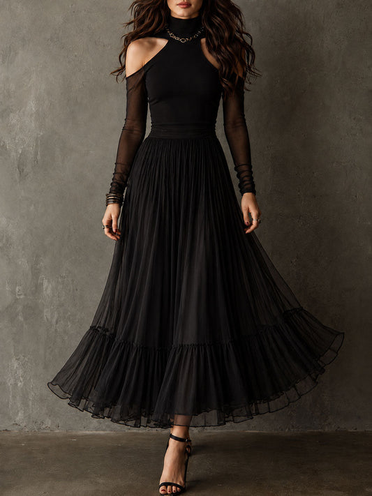 Vestido Maxi Negro Malla Plisado La Romántica
