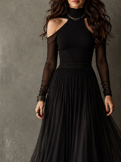 Vestido Maxi Negro Malla Plisado La Romántica