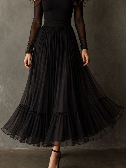 Vestido Maxi Negro Malla Plisado La Romántica