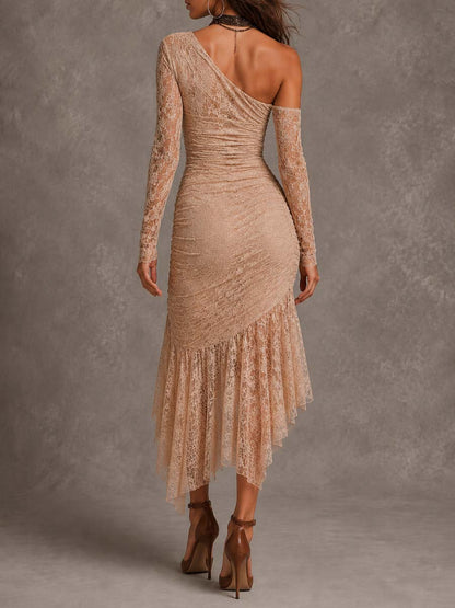 Vestido Midi Encaje Un Hombro Romántica