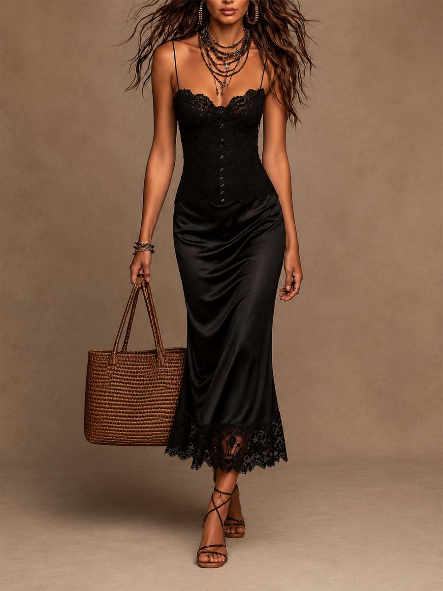 Vestido Midi Satén Encaje Encanto Riviera