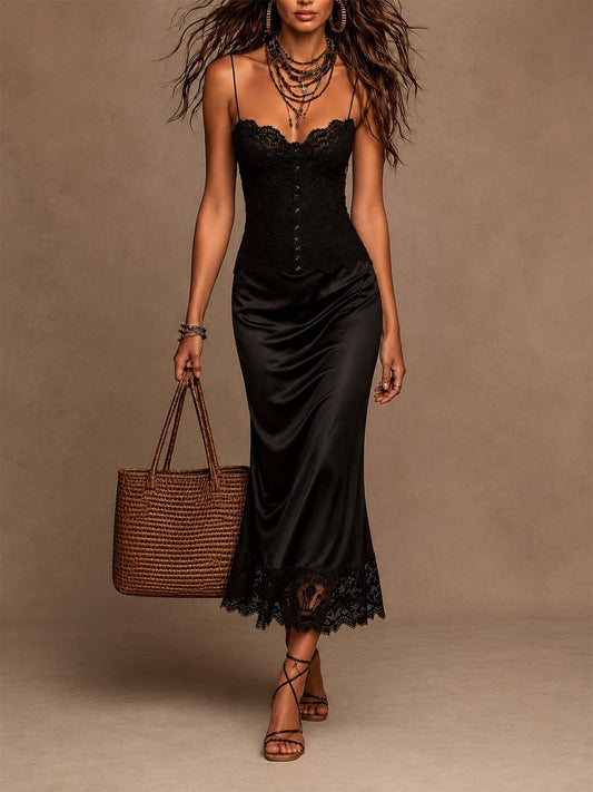 Vestido Midi Satén Encaje Encanto Riviera