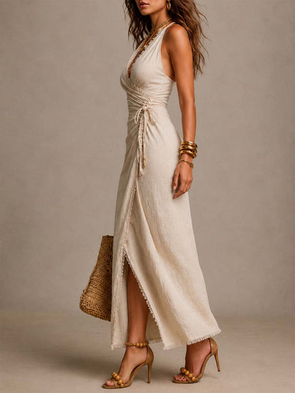 Vestido Midi Lino Encaje Brisa Romántica