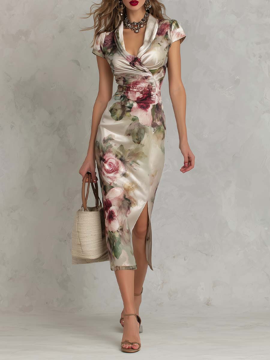 Vestido Midi Satén Floral Acuarela Encanto Riviera
