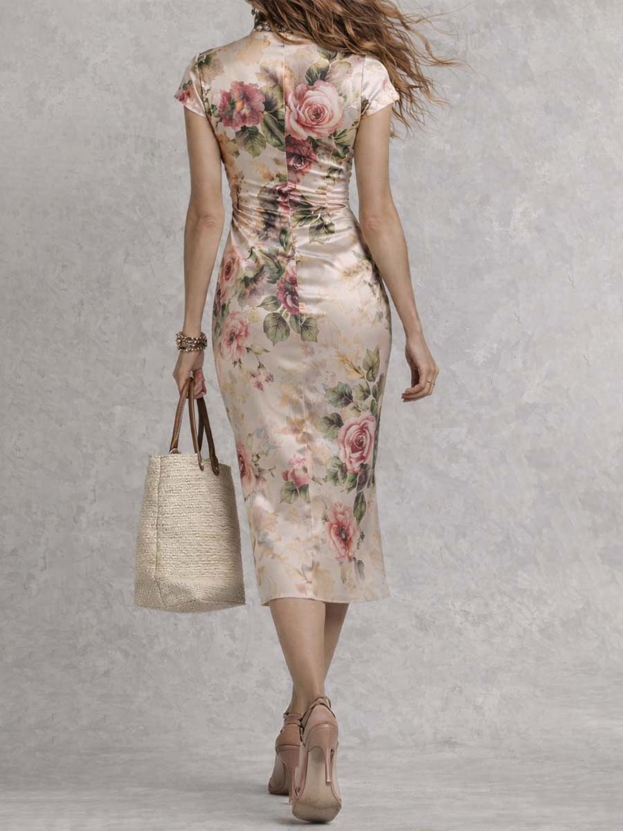 Vestido Midi Satén Floral Acuarela Encanto Riviera