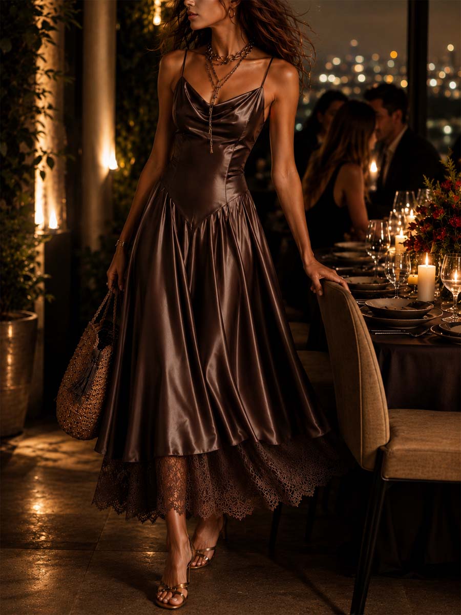 Vestido Midi Satén Tirantes Encaje Riviera