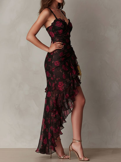 Vestido Floral Negro Rojo Volantes Brisa Romántica