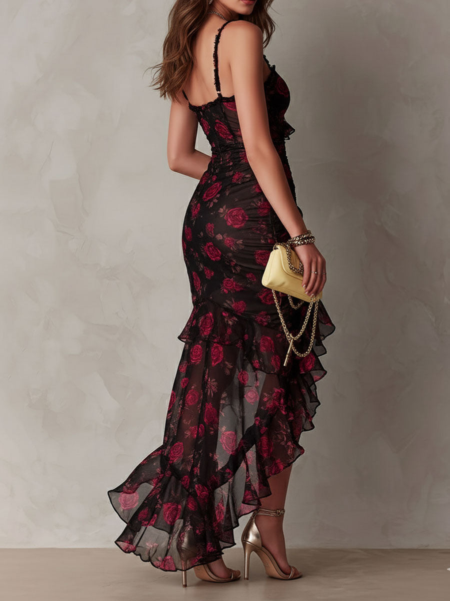 Vestido Floral Negro Rojo Volantes Brisa Romántica