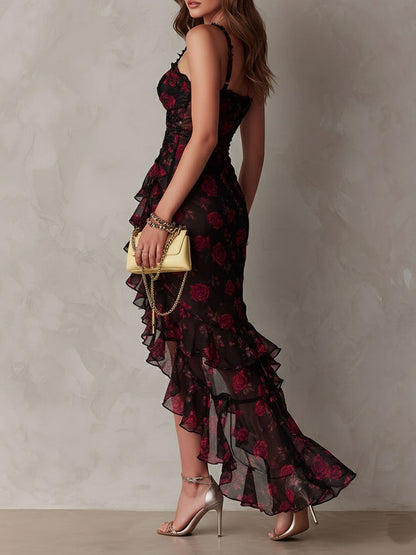 Vestido Floral Negro Rojo Volantes Brisa Romántica