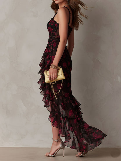 Vestido Floral Negro Rojo Volantes Brisa Romántica