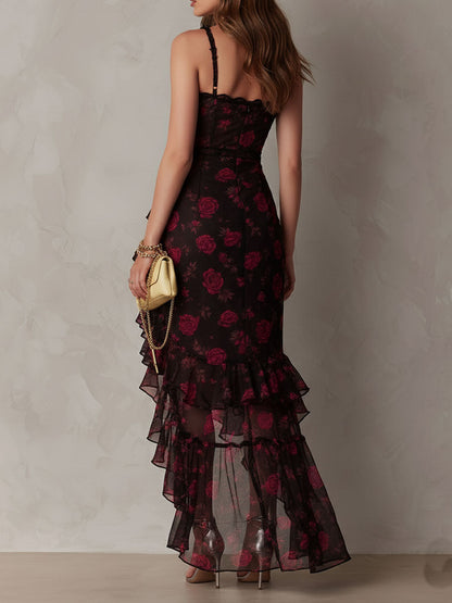 Vestido Floral Negro Rojo Volantes Brisa Romántica