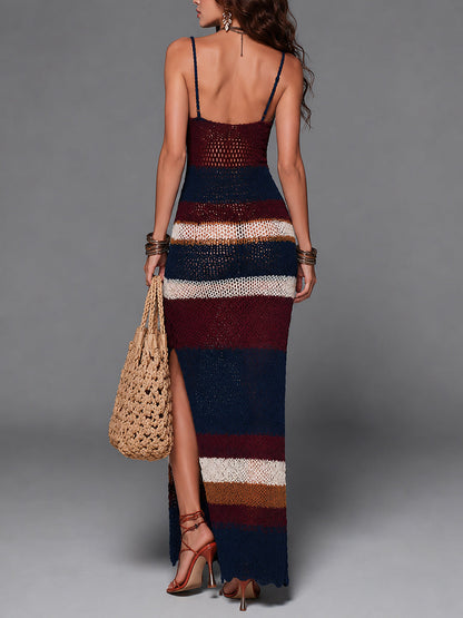 Vestido Maxi Punto Rayas Abertura Boho