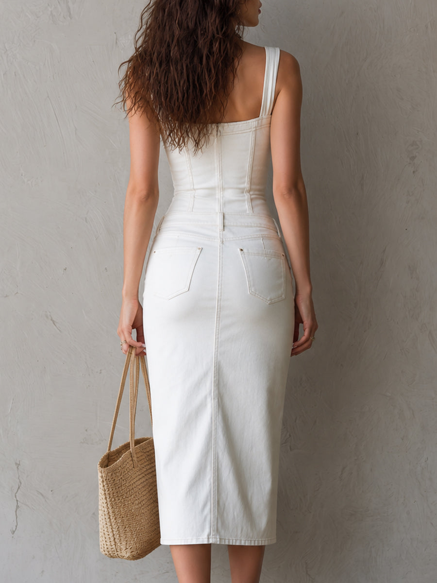 Vestido Midi Cuello Cuadrado Botones Riviera