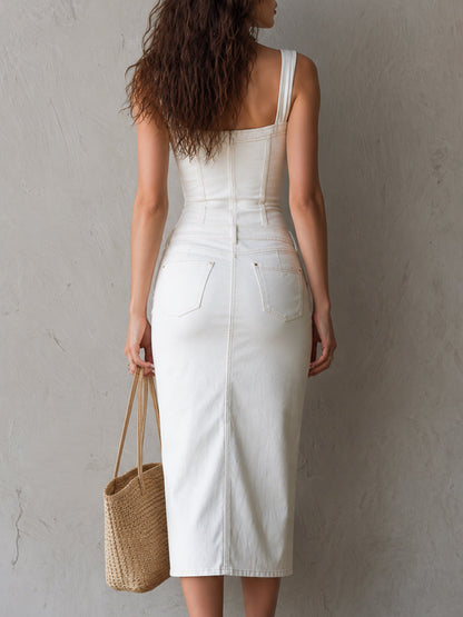 Vestido Midi Cuello Cuadrado Botones Riviera