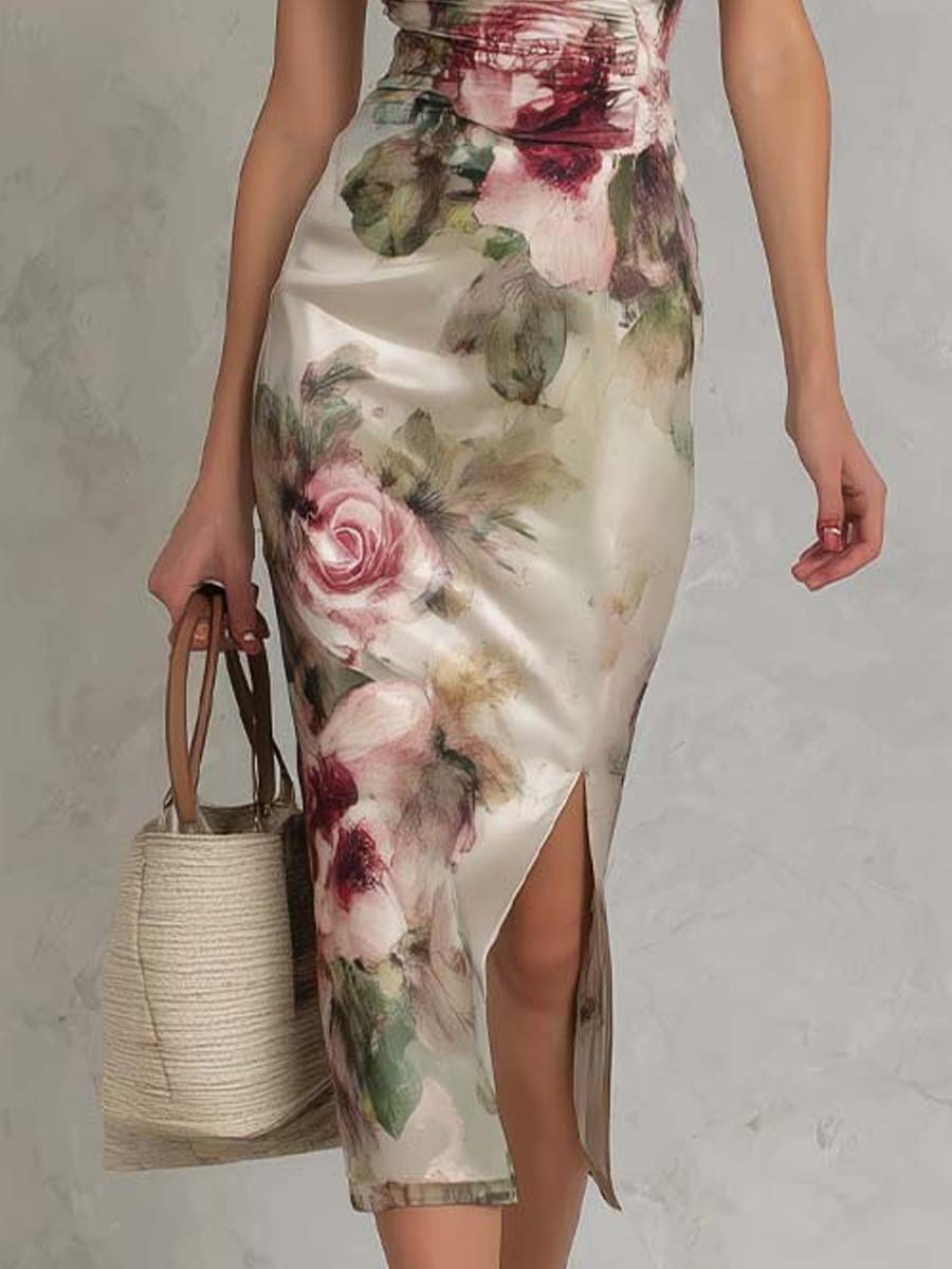 Vestido Midi Satén Floral Acuarela Encanto Riviera
