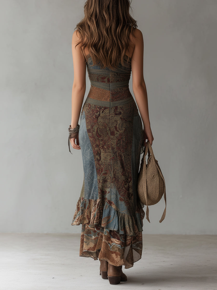 Vestido Maxi Un Hombro Étnico Vintage