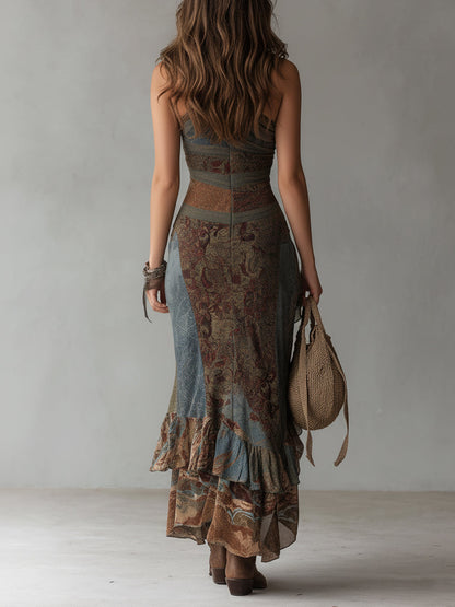 Vestido Maxi Un Hombro Étnico Vintage