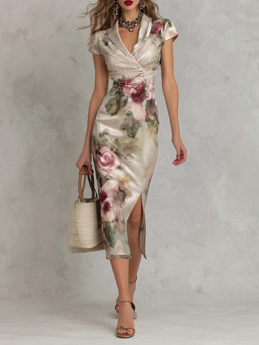 Vestido Midi Satén Floral Acuarela Encanto Riviera